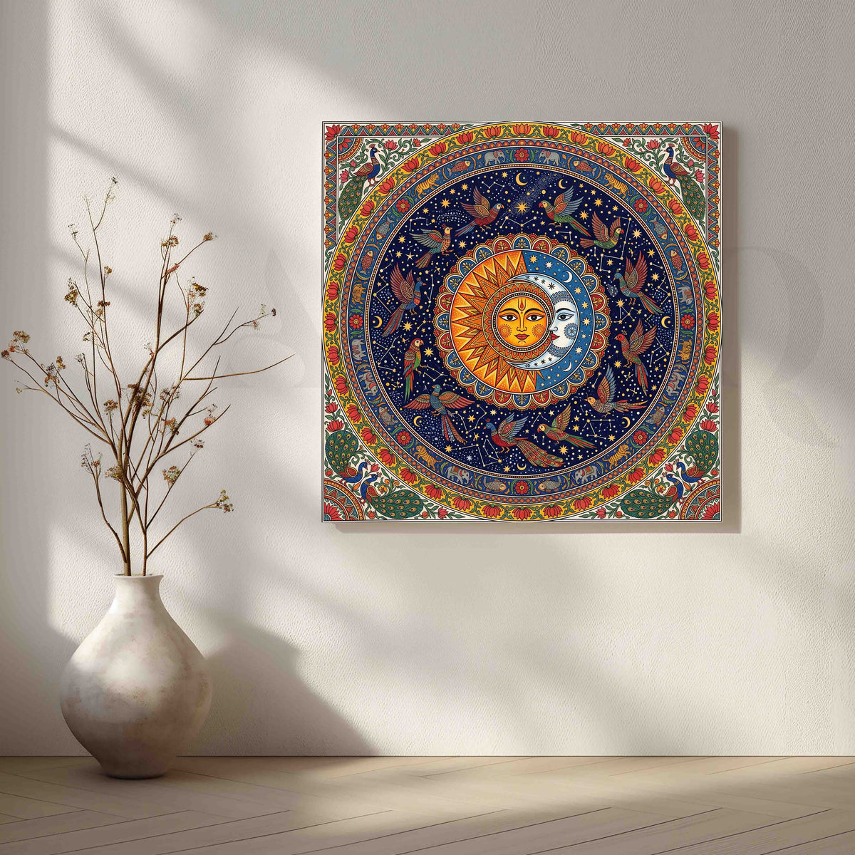 Sun and Moon Madhubani Mandala Canvas Artwork – Asha Art Studio