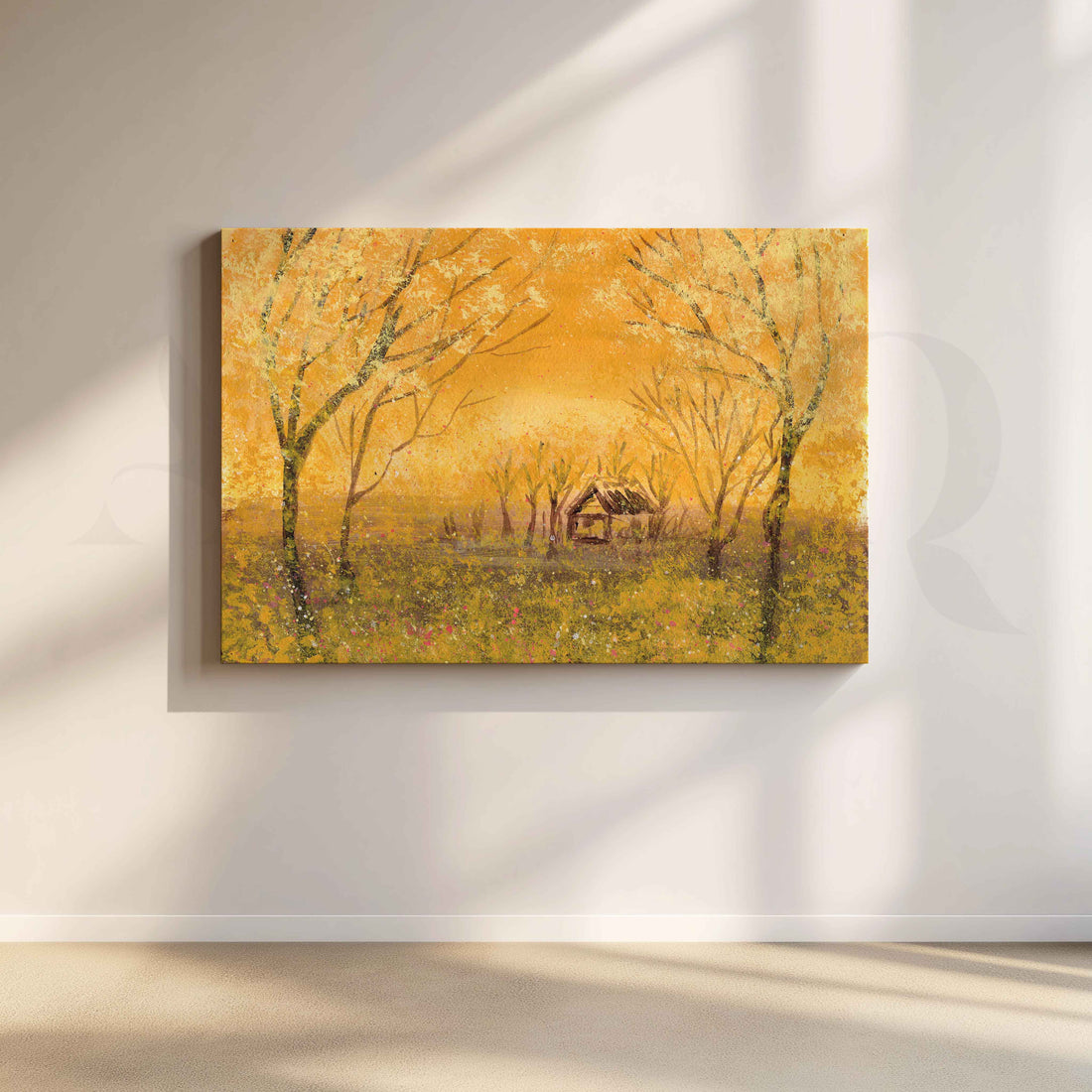 Golden Forest Cottage Canvas Artwork – Asha Art Studio