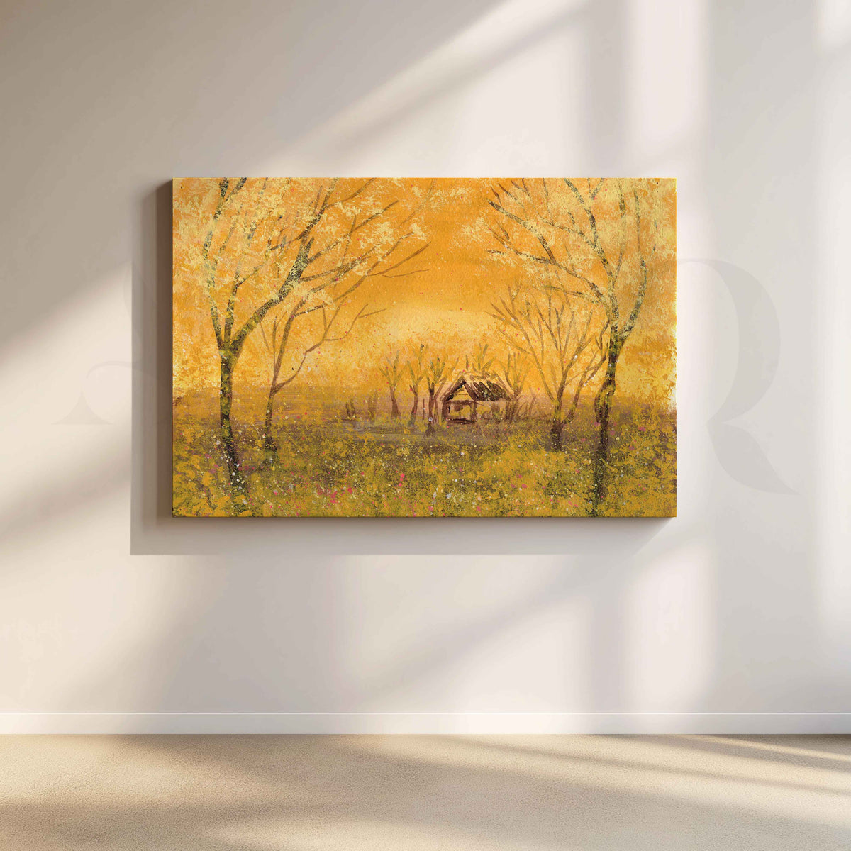 Golden Forest Cottage Canvas Artwork – Asha Art Studio