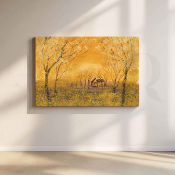 Golden Forest Cottage Canvas Artwork – Asha Art Studio