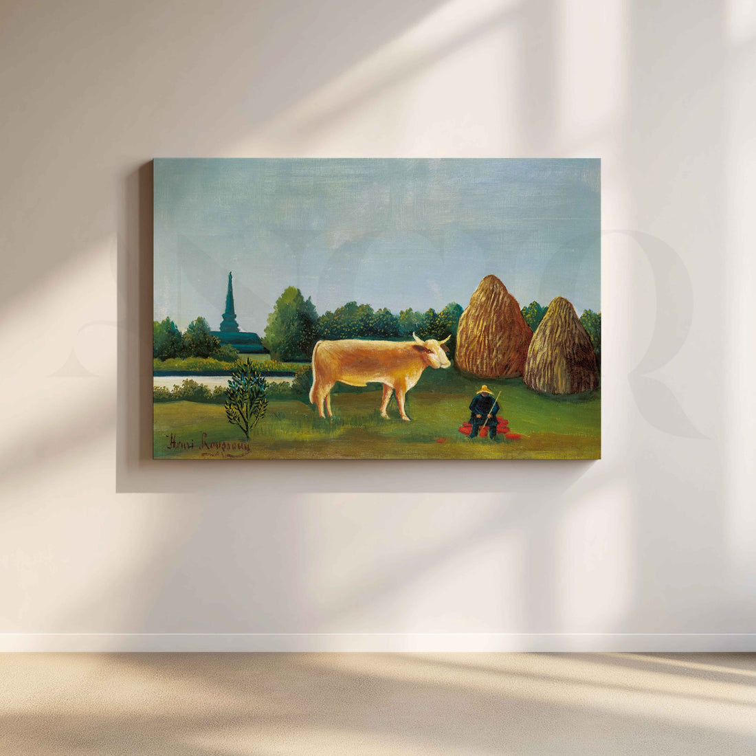 Pastoral Countryside with Cow Folk Art Canvas Artwork – Asha Art Studio