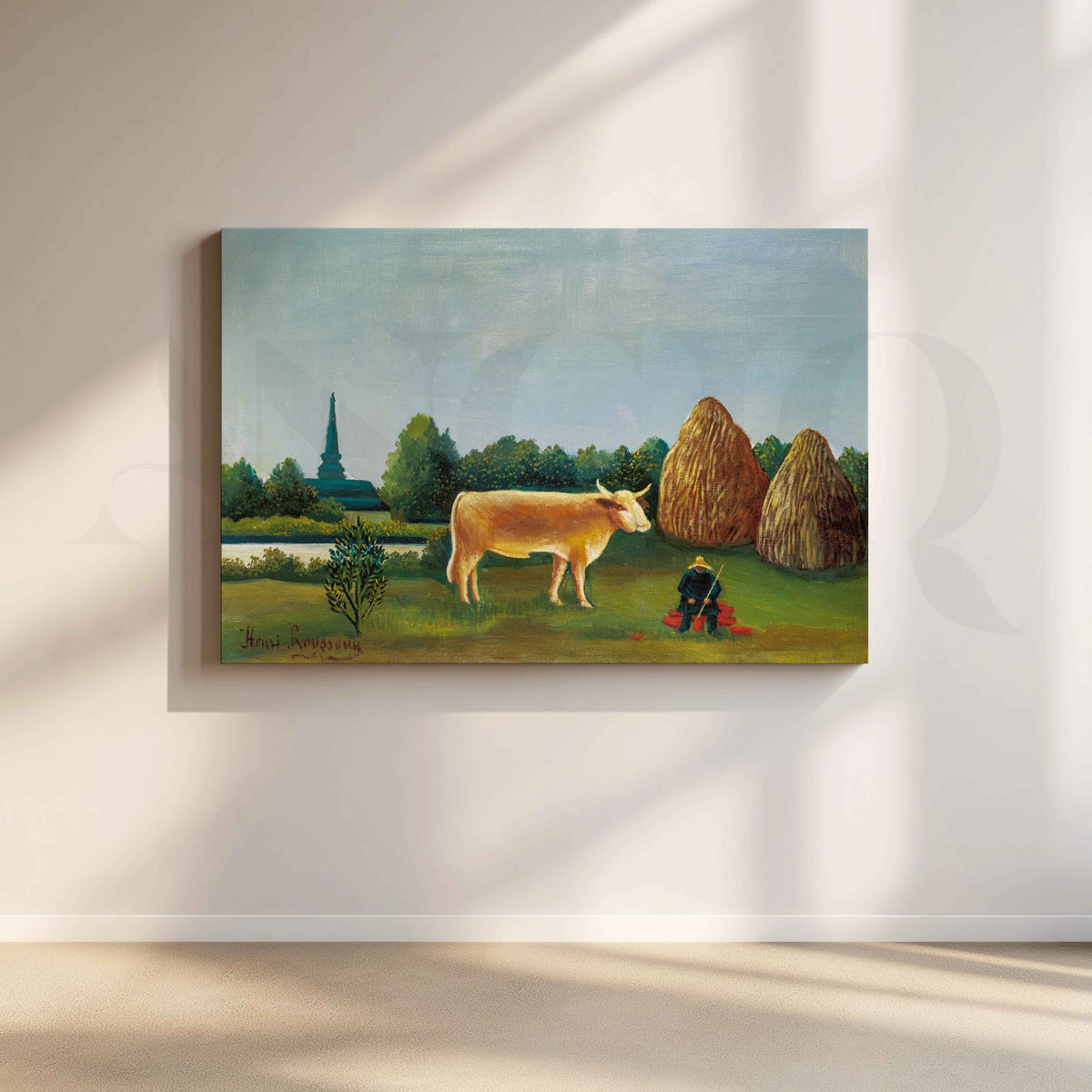 Pastoral Countryside with Cow Folk Art Canvas Artwork – Asha Art Studio