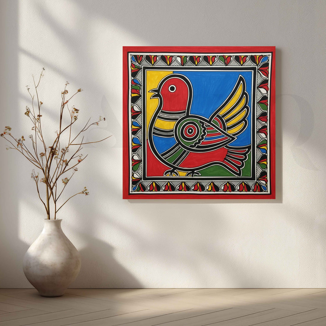Colourful Folk Bird Madhubani Canvas Artwork – Asha Art Studio