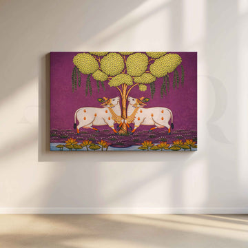 Twin Sacred Cows Under Tree Canvas Artwork – Asha Art Studio