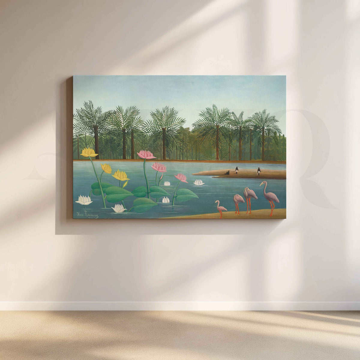 Tropical Lotus Lake with Flamingos Folk Art Canvas Artwork – Asha Art Studio