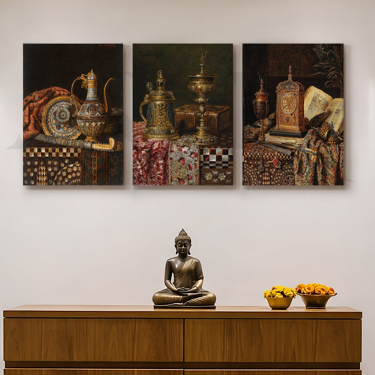 Vintage Antique Artefacts Gallery Wall – Set of 3 Classic Still Life Artworks - 18 x 24 Inches – Asha Art Studio