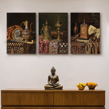 Vintage Antique Artefacts Gallery Wall – Set of 3 Classic Still Life Artworks - 18 x 24 Inches – Asha Art Studio