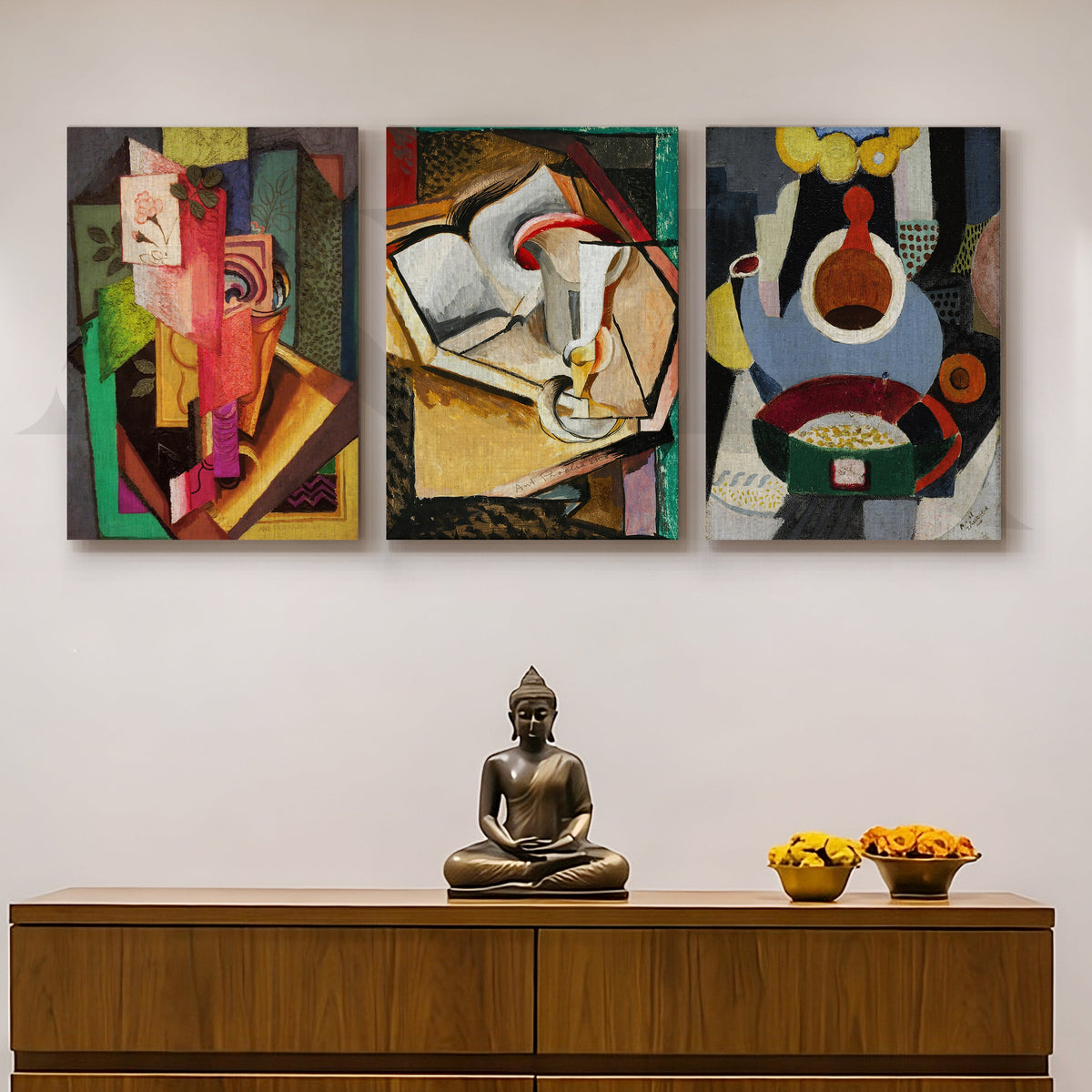 Cubist Still Life Composition Gallery Wall – Set of 3 Modern Artworks - 18 x 24 Inches – Asha Art Studio