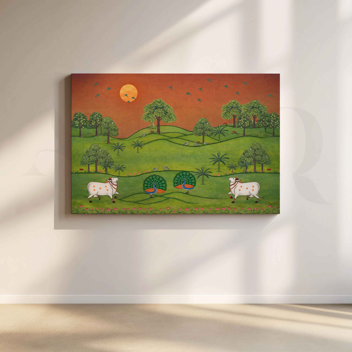 Pastoral Folk Landscape Canvas Artwork – Asha Art Studio