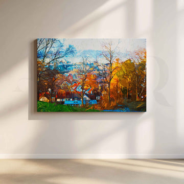 Autumn Village Landscape Canvas Artwork – Asha Art Studio