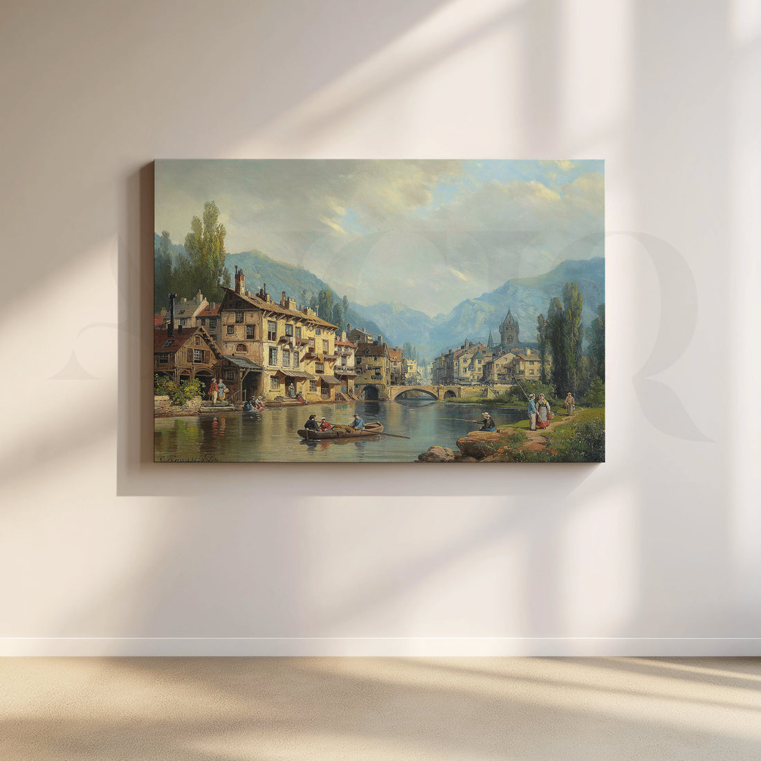 Riverside European Town Canvas Artwork – Asha Art Studio