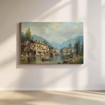 Riverside European Town Canvas Artwork – Asha Art Studio