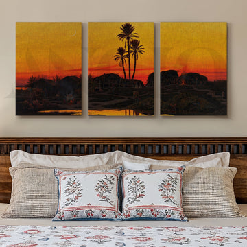 Desert Oasis Sunset Gallery Wall – Set of 3 Golden Landscape Artworks - 18 x 24 Inches – Asha Art Studio