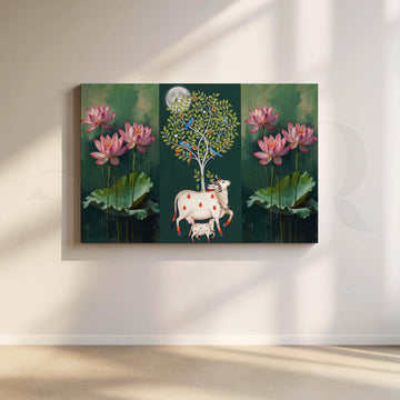 Lotus and Sacred Cow Botanical Canvas Artwork – Asha Art Studio