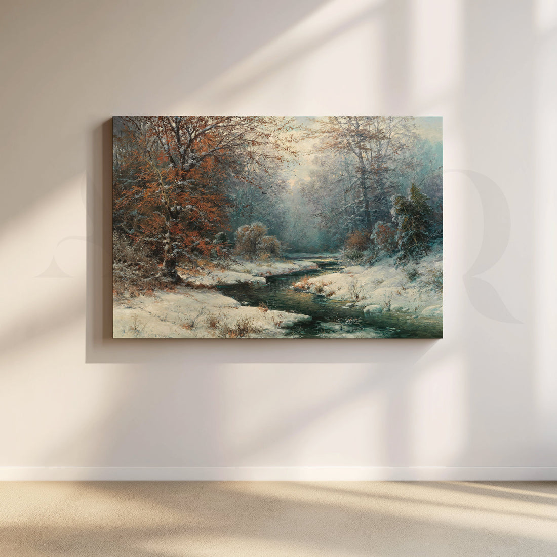 Snowy Forest River Canvas Artwork – Asha Art Studio