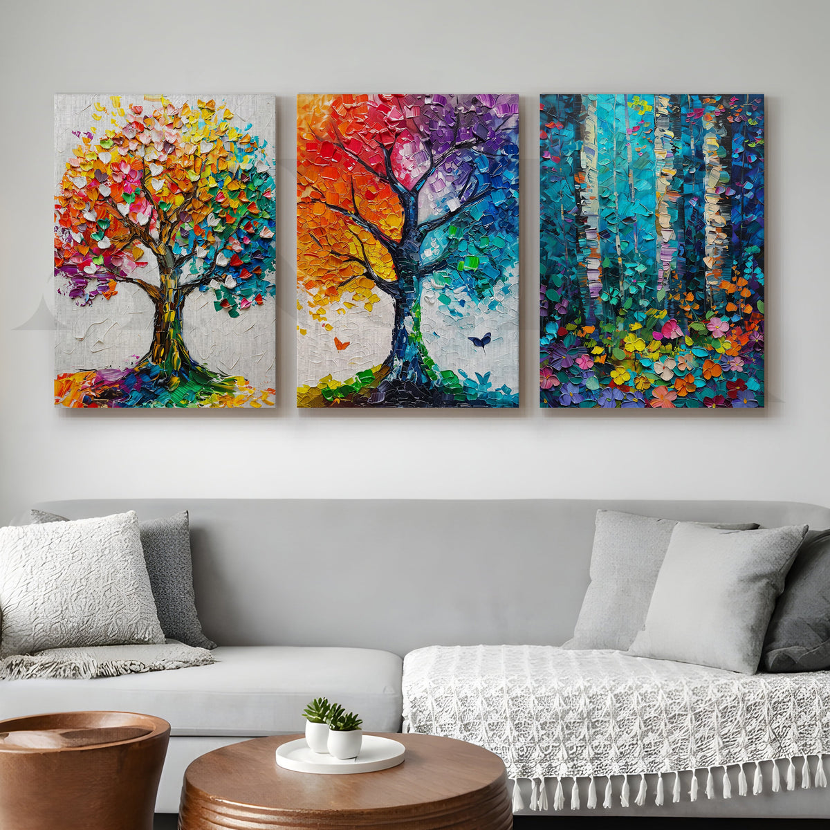 Vibrant Nature Mosaic Gallery Wall – Set of 3 Colorful Tree Artworks - 18 x 24 Inches – Asha Art Studio