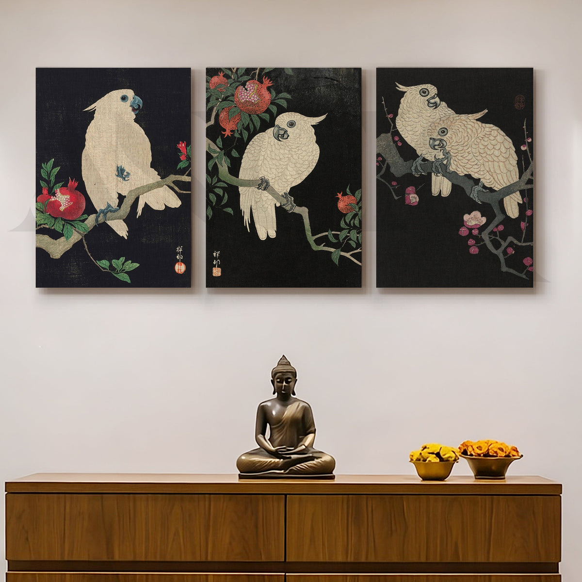Elegant Cockatoo Botanical Gallery Wall – Set of 3 Oriental Artworks - 18 x 24 Inches – Asha Art Studio
