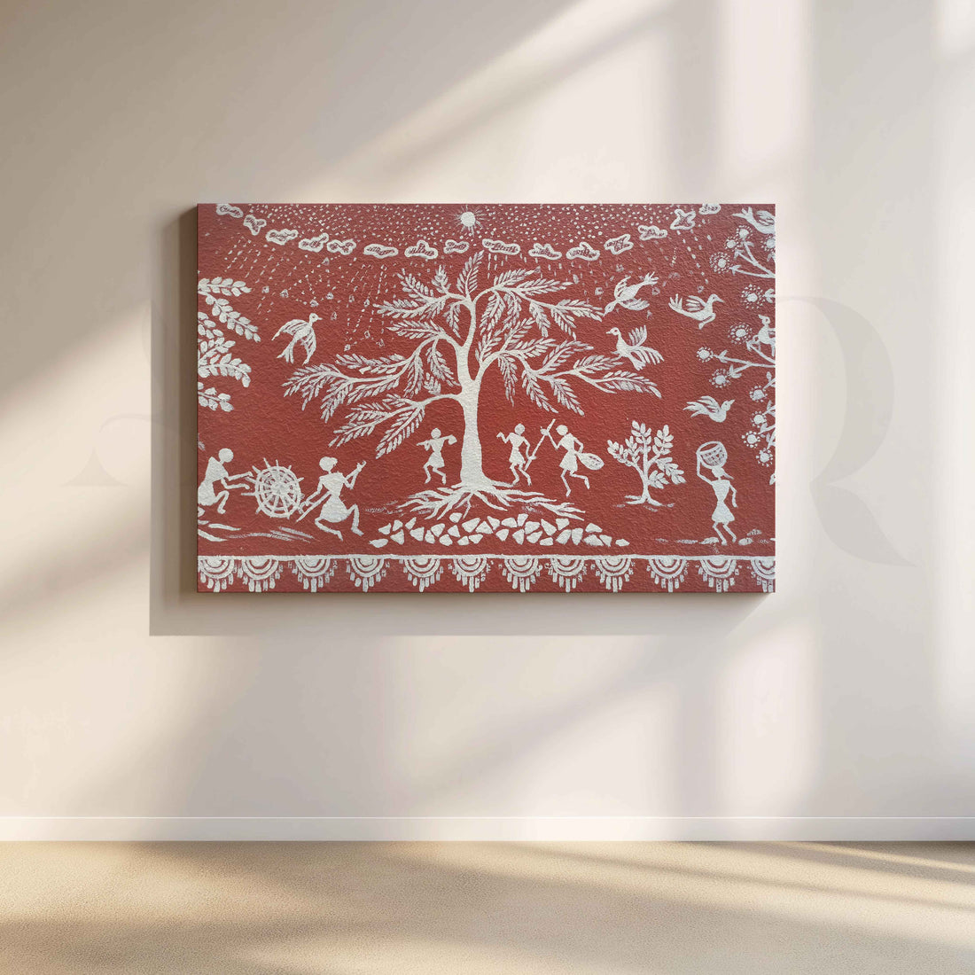 Warli Tree of Life Tribal Folk Canvas Artwork – Asha Art Studio