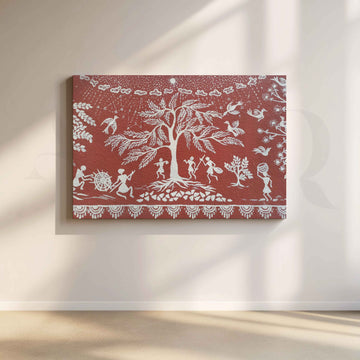 Warli Tree of Life Tribal Folk Canvas Artwork – Asha Art Studio