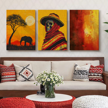 Golden Horizon Tribal Fusion Gallery Wall – Set of 3 Contemporary Artworks - 18 x 24 Inches – Asha Art Studio