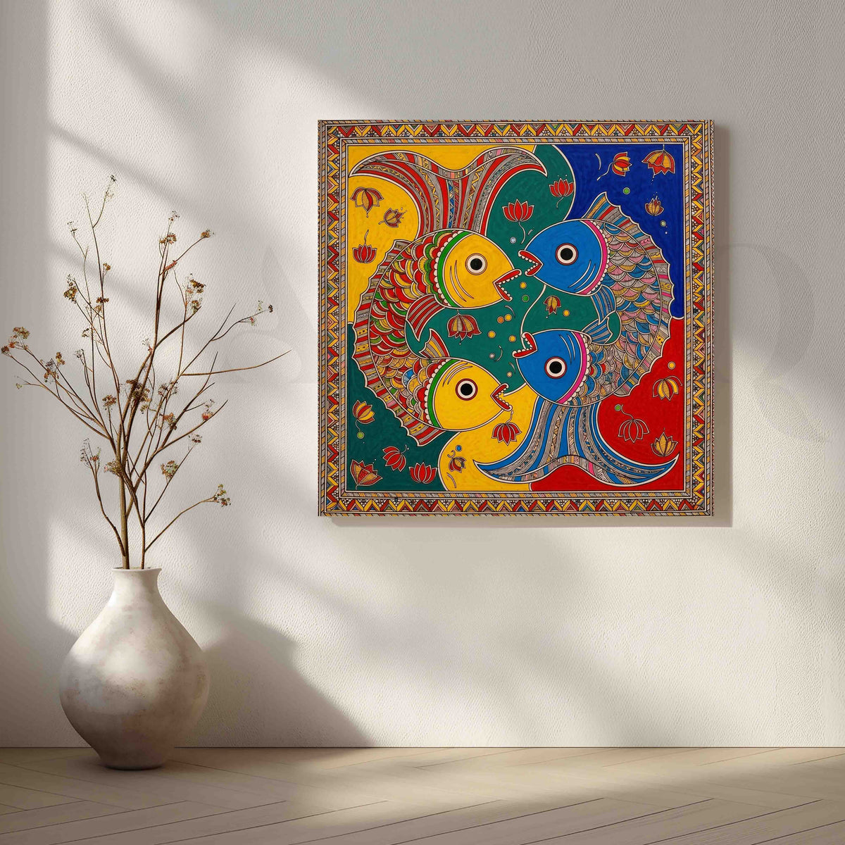 Colourful Fish Motif Madhubani Canvas Artwork – Asha Art Studio
