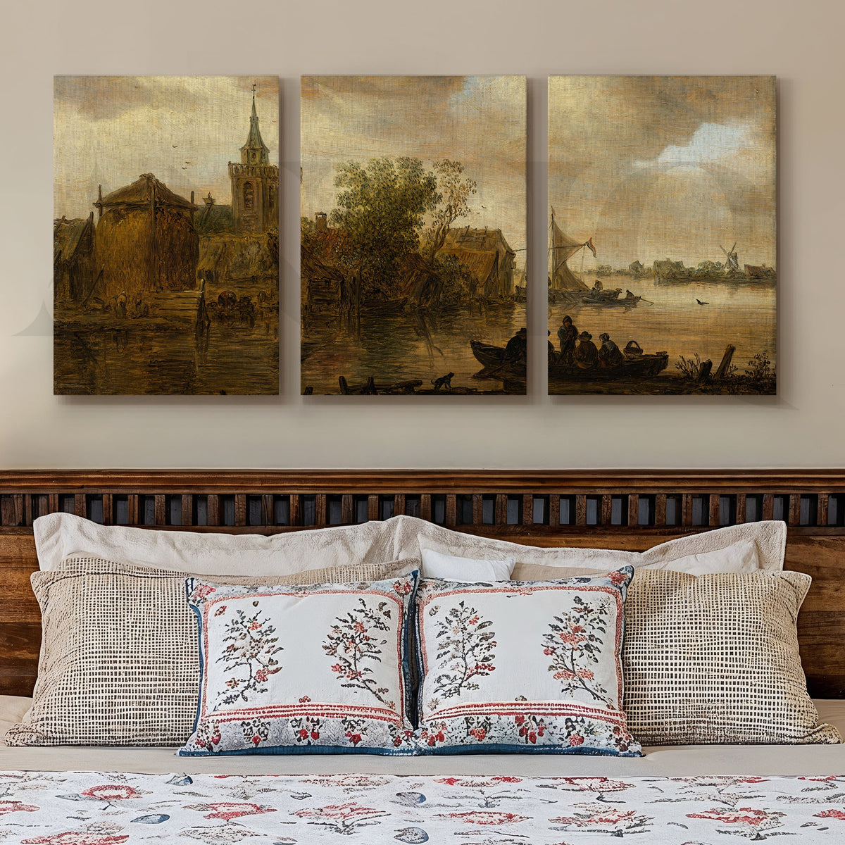 Vintage Riverside Village Gallery Wall – Set of 3 Classic Landscape Artworks - 18 x 24 Inches – Asha Art Studio