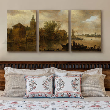 Vintage Riverside Village Gallery Wall – Set of 3 Classic Landscape Artworks - 18 x 24 Inches – Asha Art Studio