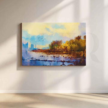 Serene Riverside Boat Canvas Artwork – Asha Art Studio