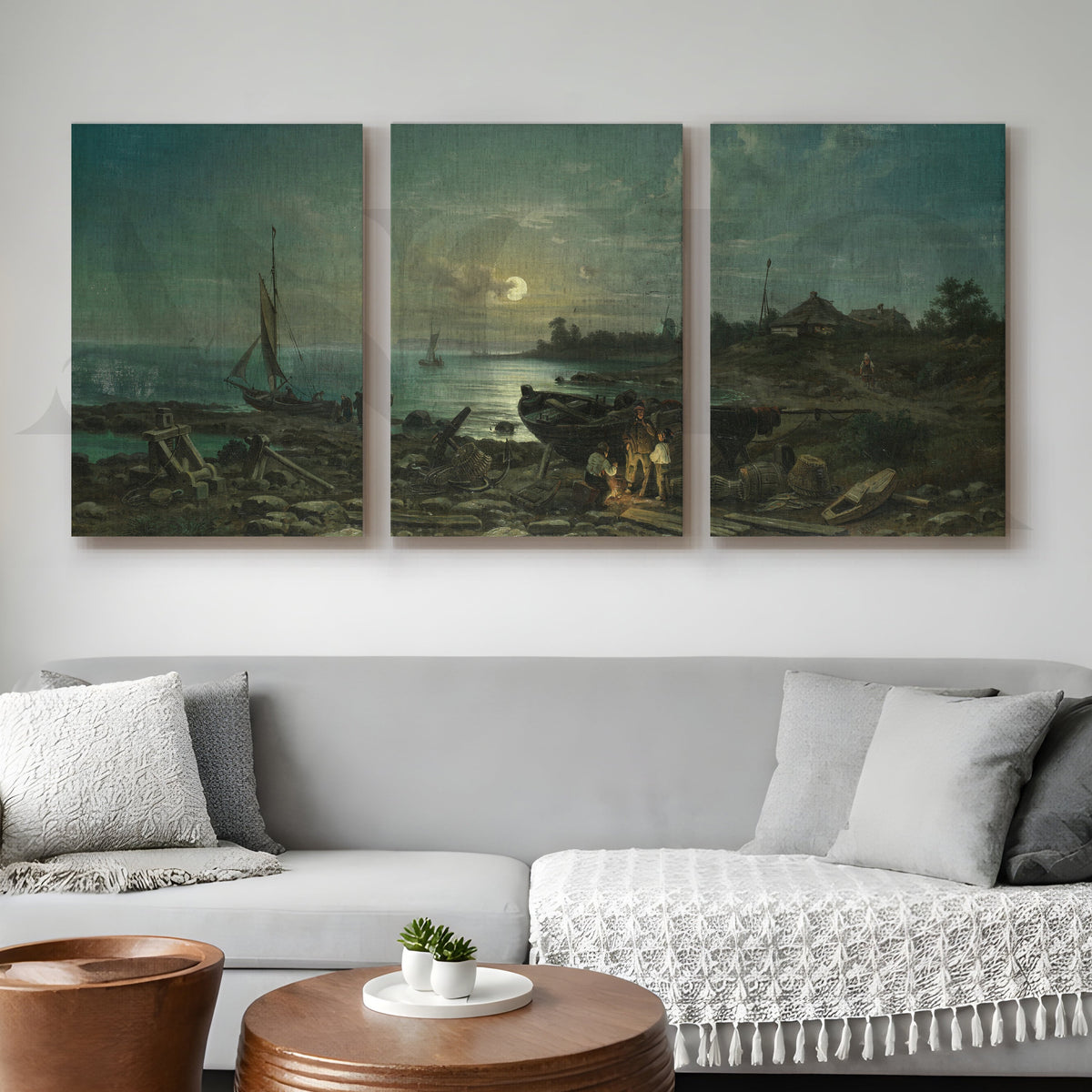 Moonlit Coastal Harbor Gallery Wall – Set of 3 Vintage Maritime Artworks - 18 x 24 Inches – Asha Art Studio
