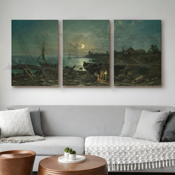 Moonlit Coastal Harbor Gallery Wall – Set of 3 Vintage Maritime Artworks - 18 x 24 Inches – Asha Art Studio