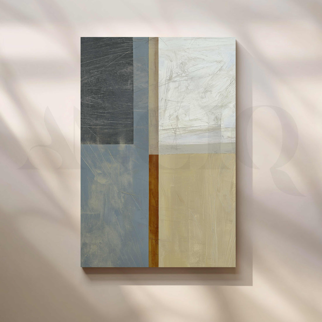 Modern Geometric Abstract Canvas Artwork in Grey, Blue and Beige Tones – Asha Art Studio