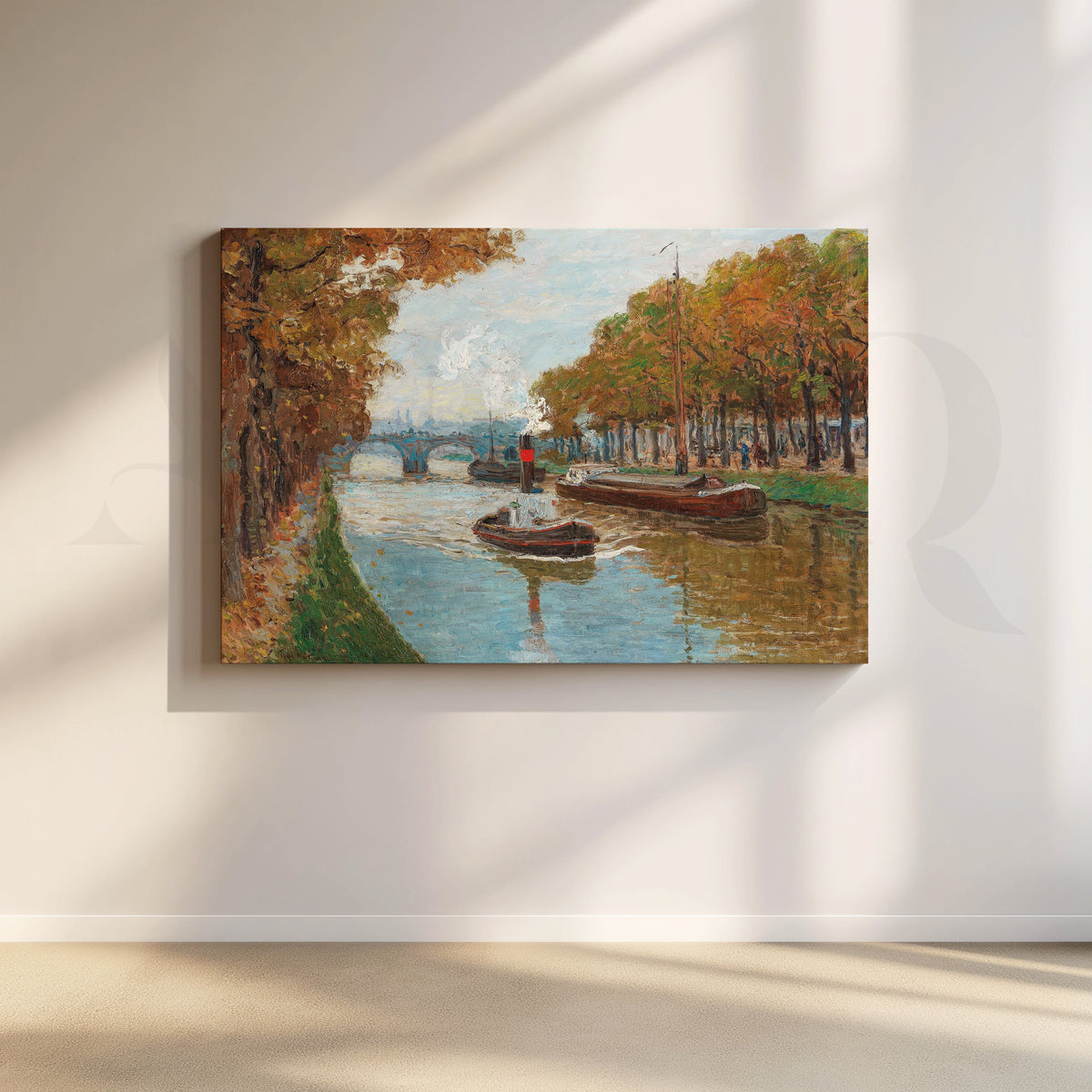 Autumn Canal Boats Canvas Artwork – Asha Art Studio