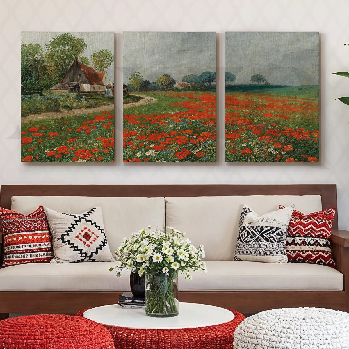 Rustic Poppy Field Landscape Gallery Wall – Set of 3 Impressionist Artworks - 18 x 24 Inches – Asha Art Studio