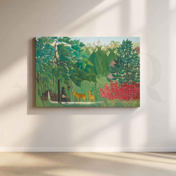 Tropical Jungle with Deer Folk Art Canvas Artwork – Asha Art Studio
