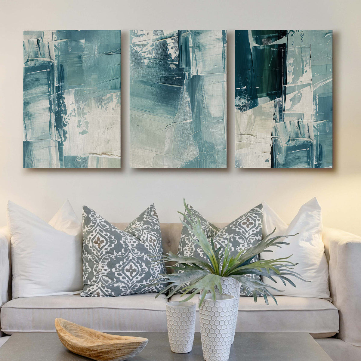 Teal Brush Abstract Gallery Wall Canvas Artwork Set of 3 - 18 x 24 Inches – Asha Art Studio