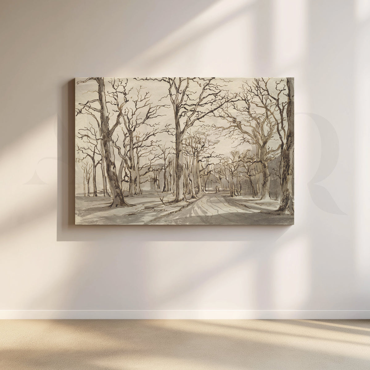Monochrome Forest Path Trees Canvas Artwork – Asha Art Studio