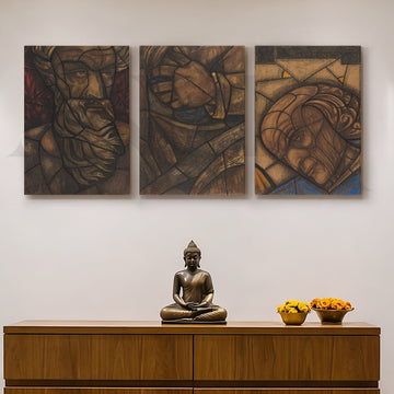 Earth-Tone Cubist Portrait Gallery Wall – Set of 3 Abstract Artworks - 18 x 24 Inches – Asha Art Studio