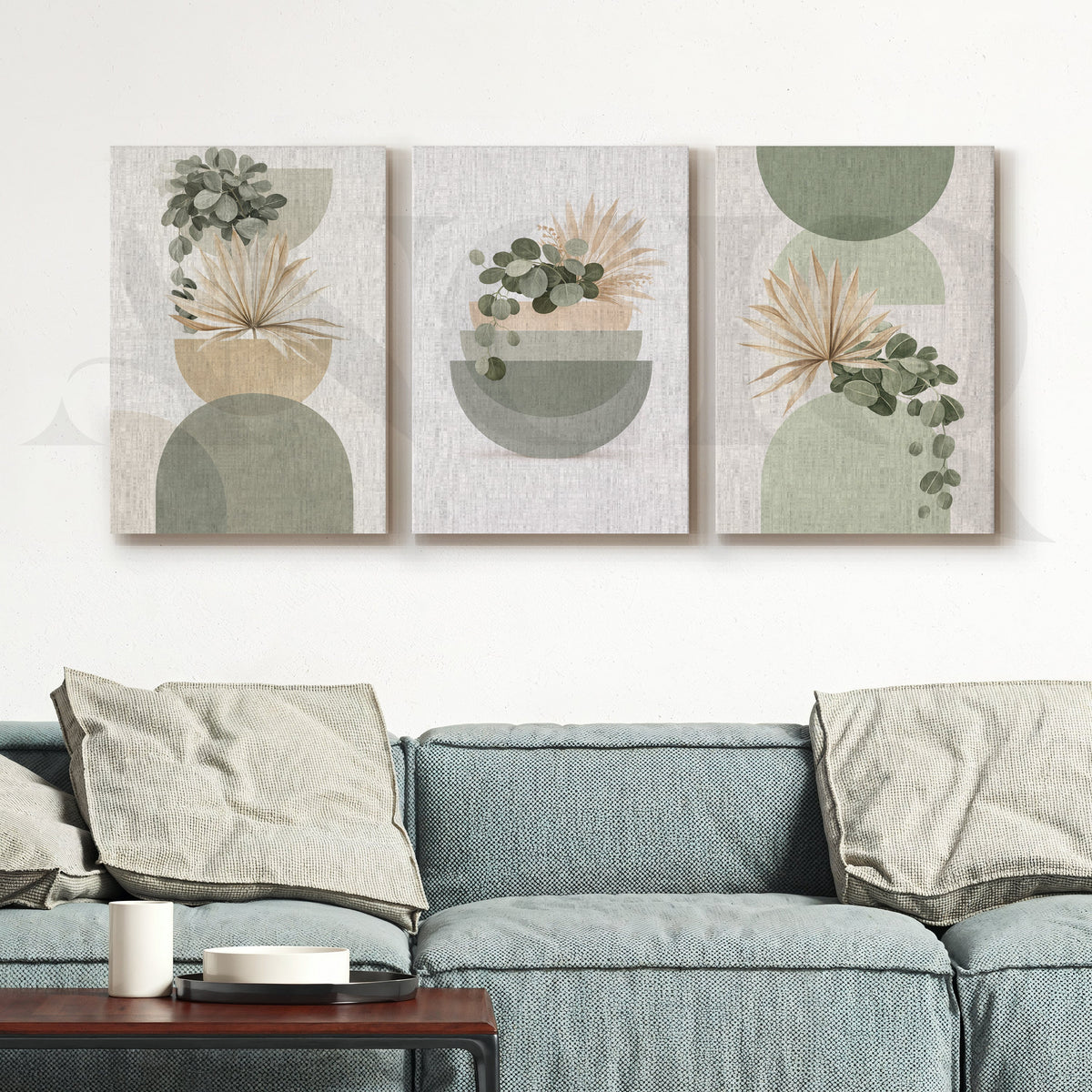 Soft Sage Botanical Balance Gallery Wall – Set of 3 Modern Nature Artworks - 18 x 24 Inches – Asha Art Studio