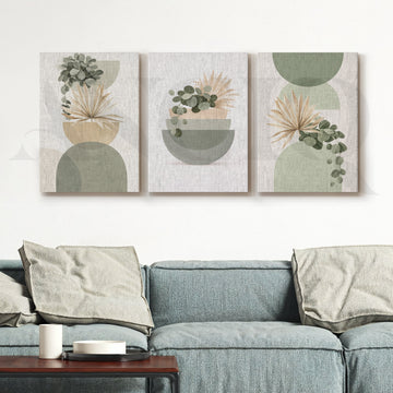 Soft Sage Botanical Balance Gallery Wall – Set of 3 Modern Nature Artworks - 18 x 24 Inches – Asha Art Studio