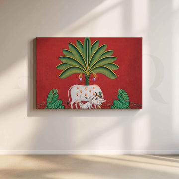Sacred Cow Under Palm Tree Canvas Artwork – Asha Art Studio