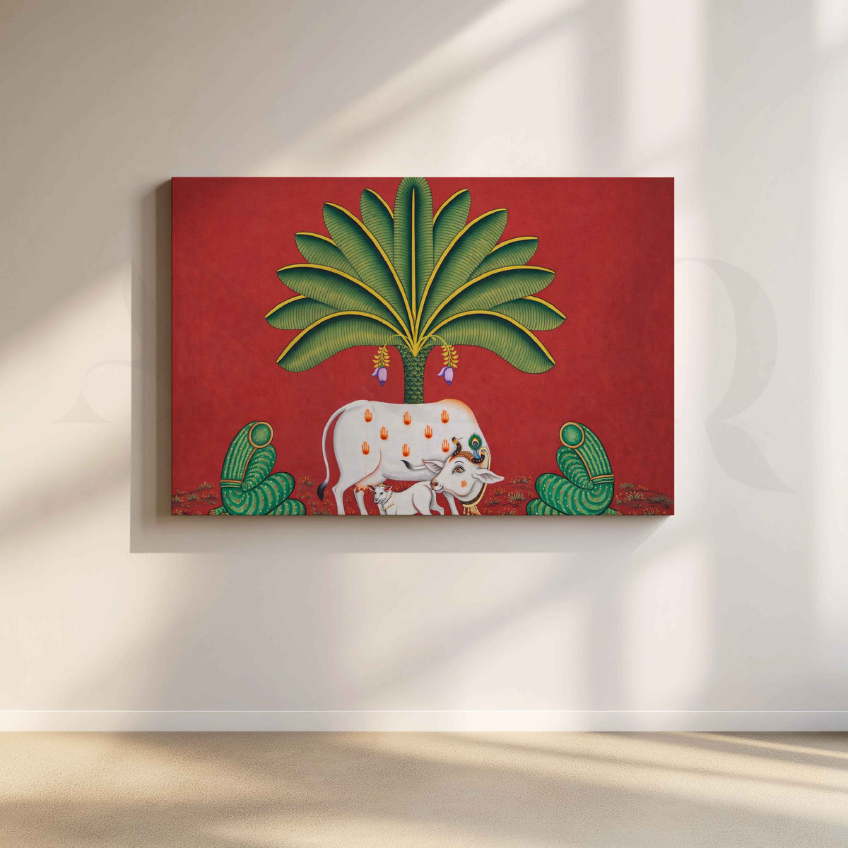Sacred Cow Under Palm Tree Canvas Artwork – Asha Art Studio