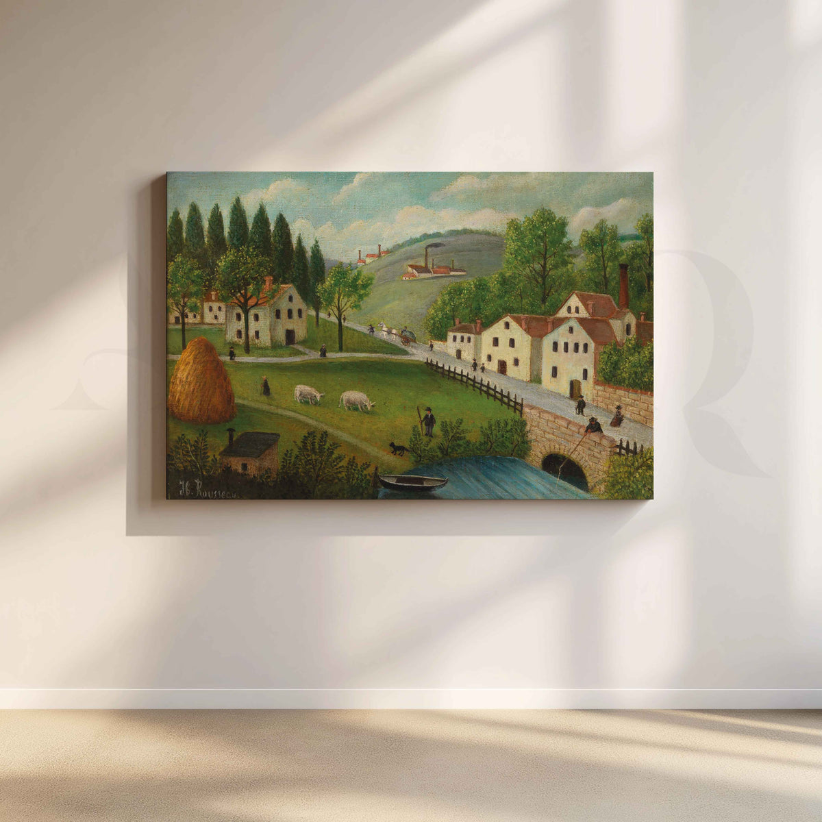 Peaceful Countryside Village Folk Art Canvas Artwork – Asha Art Studio