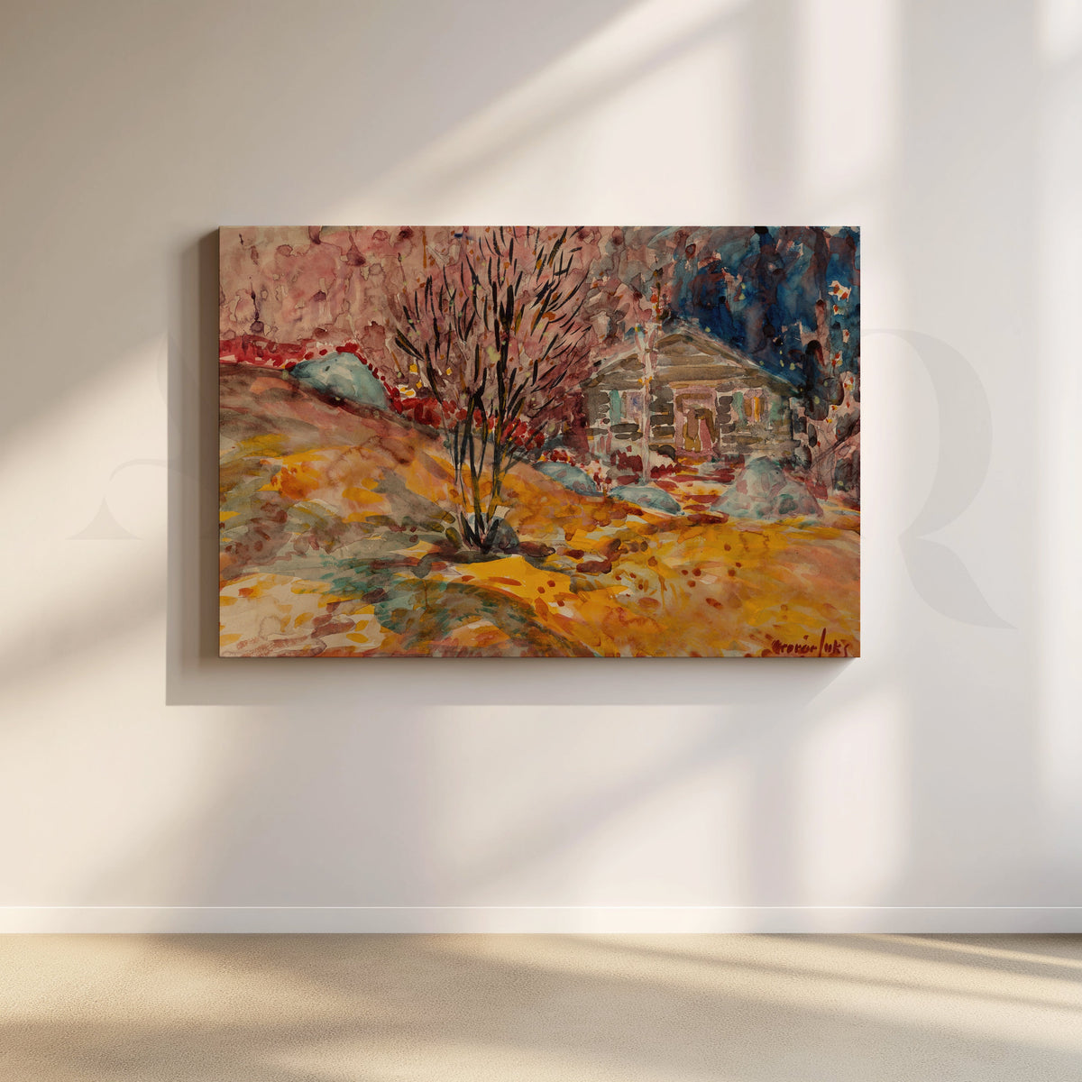 Autumn Cabin Hillside Canvas Artwork – Asha Art Studio
