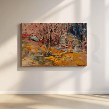 Autumn Cabin Hillside Canvas Artwork – Asha Art Studio