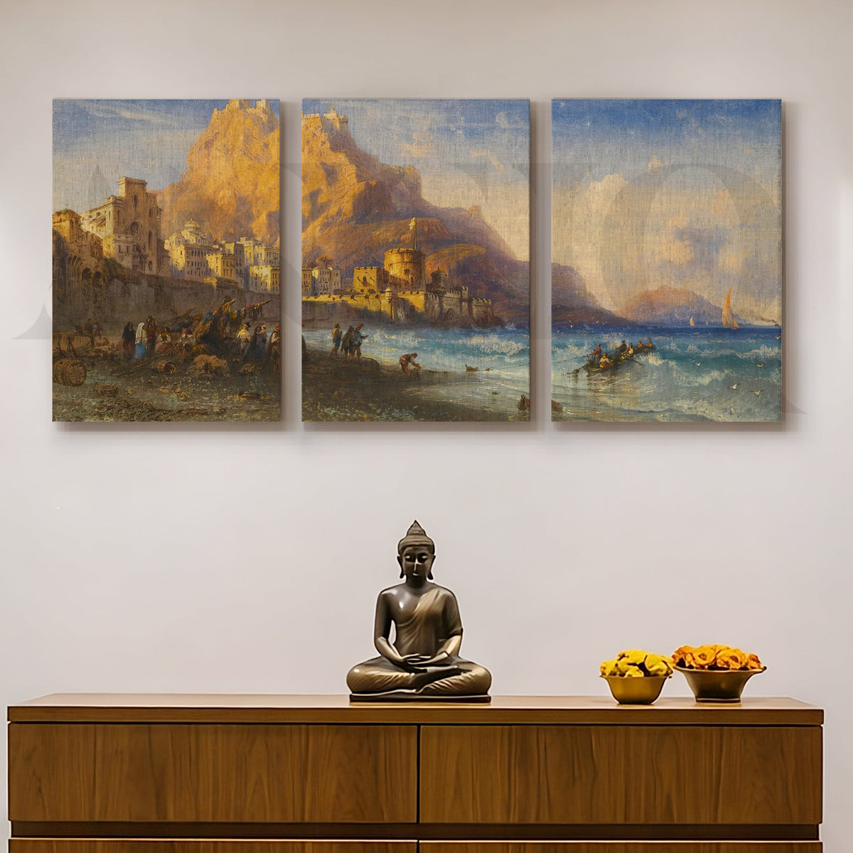 Coastal Mountain Harbour Gallery Wall – Set of 3 Mediterranean Landscape Artworks - 18 x 24 Inches – Asha Art Studio