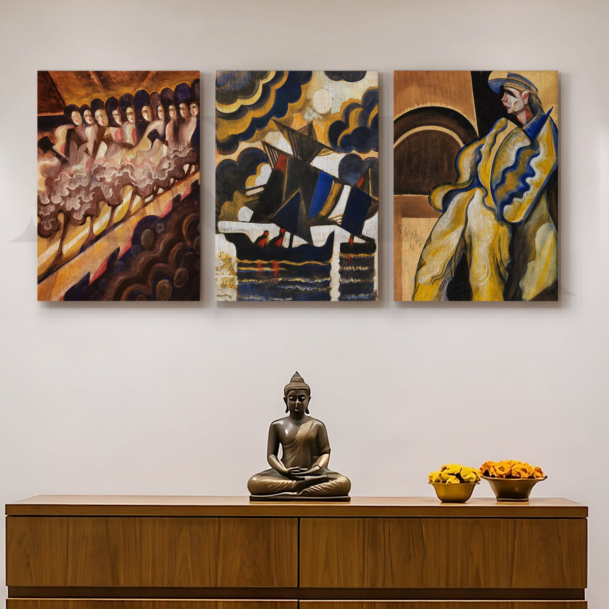 Vintage Avant-Garde Narrative Gallery Wall – Set of 3 Expressionist Artworks - 18 x 24 Inches – Asha Art Studio