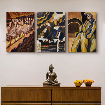Vintage Avant-Garde Narrative Gallery Wall – Set of 3 Expressionist Artworks - 18 x 24 Inches – Asha Art Studio