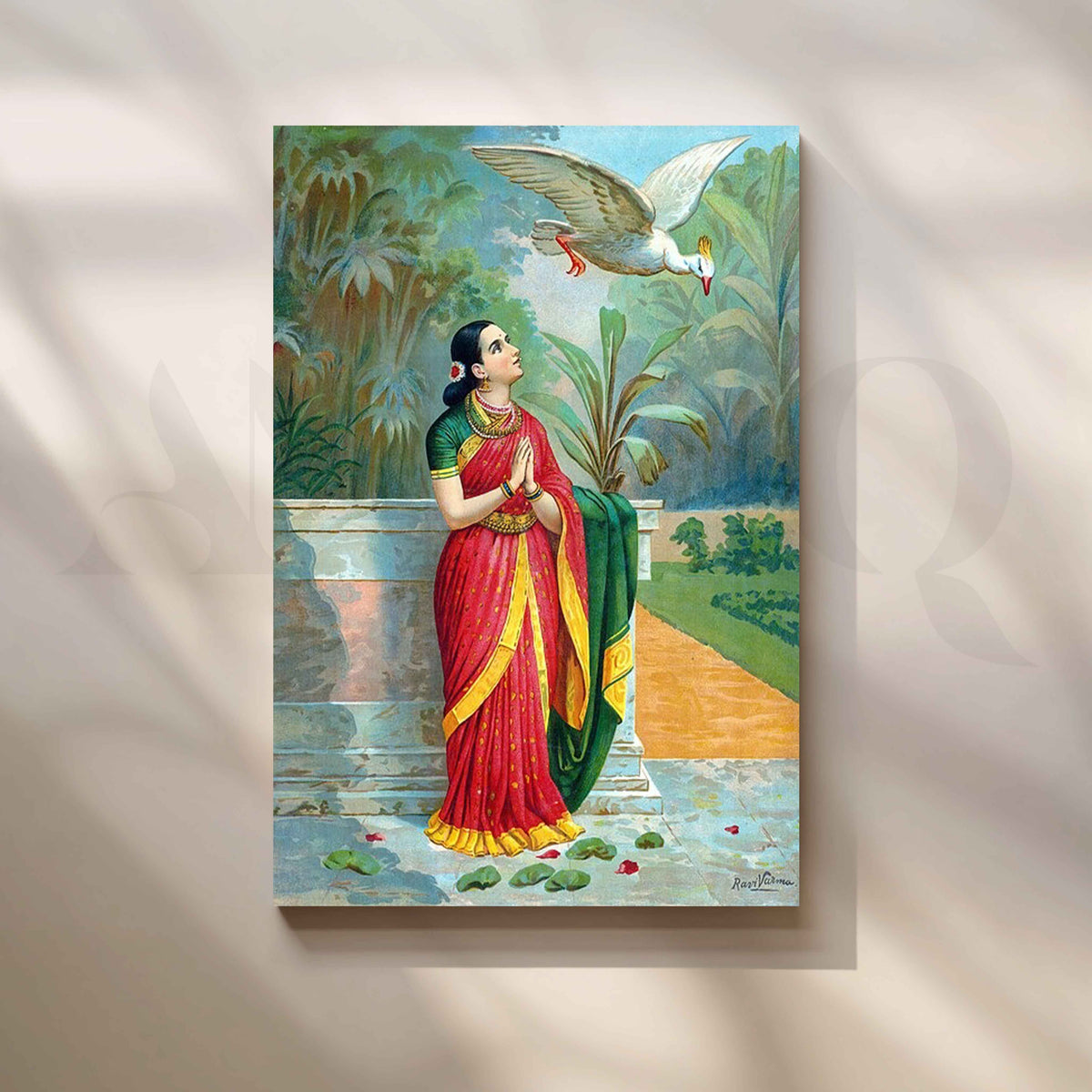 Damayanti Talking to a Swan by Raja Ravi Varma Canvas Artwork – Asha Art Studio