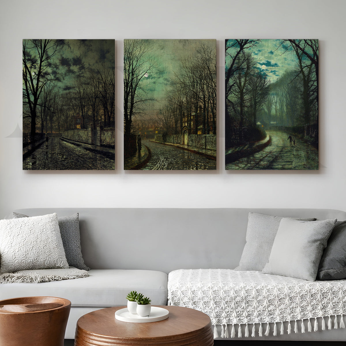 Moody Twilight Streetscape Gallery Wall – Set of 3 Atmospheric Artworks - 18 x 24 Inches – Asha Art Studio
