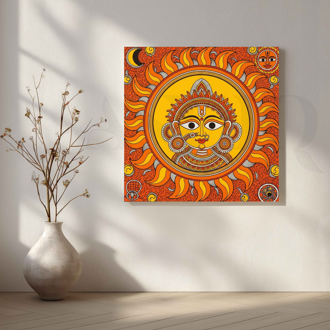 Radiant Surya Dev Madhubani Canvas Artwork – Asha Art Studio